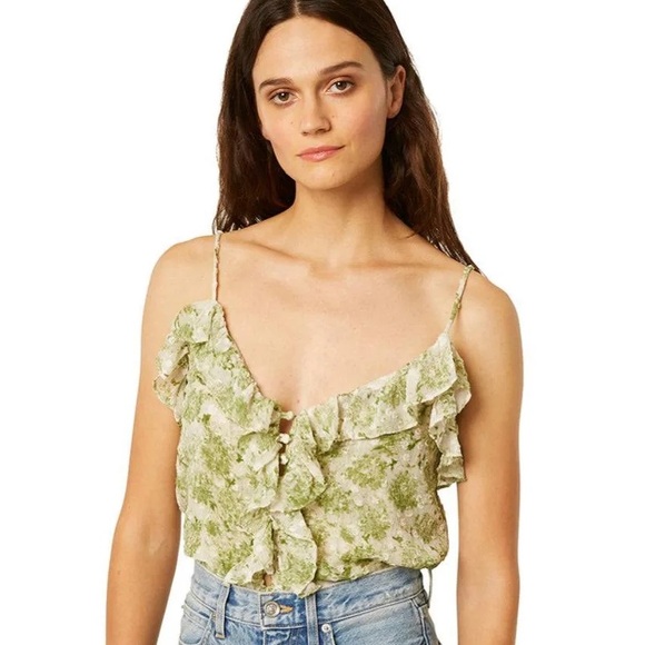 Misa Los Angeles Green White Floral Ruffle Bambi Tank Size Medium - Picture 2 of 9